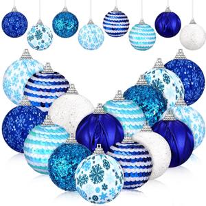 16 Pcs Winter Ball Ornaments Blue and White Tree Decorations Snowflake Hanging Ornaments for Holiday Winter Party Decor