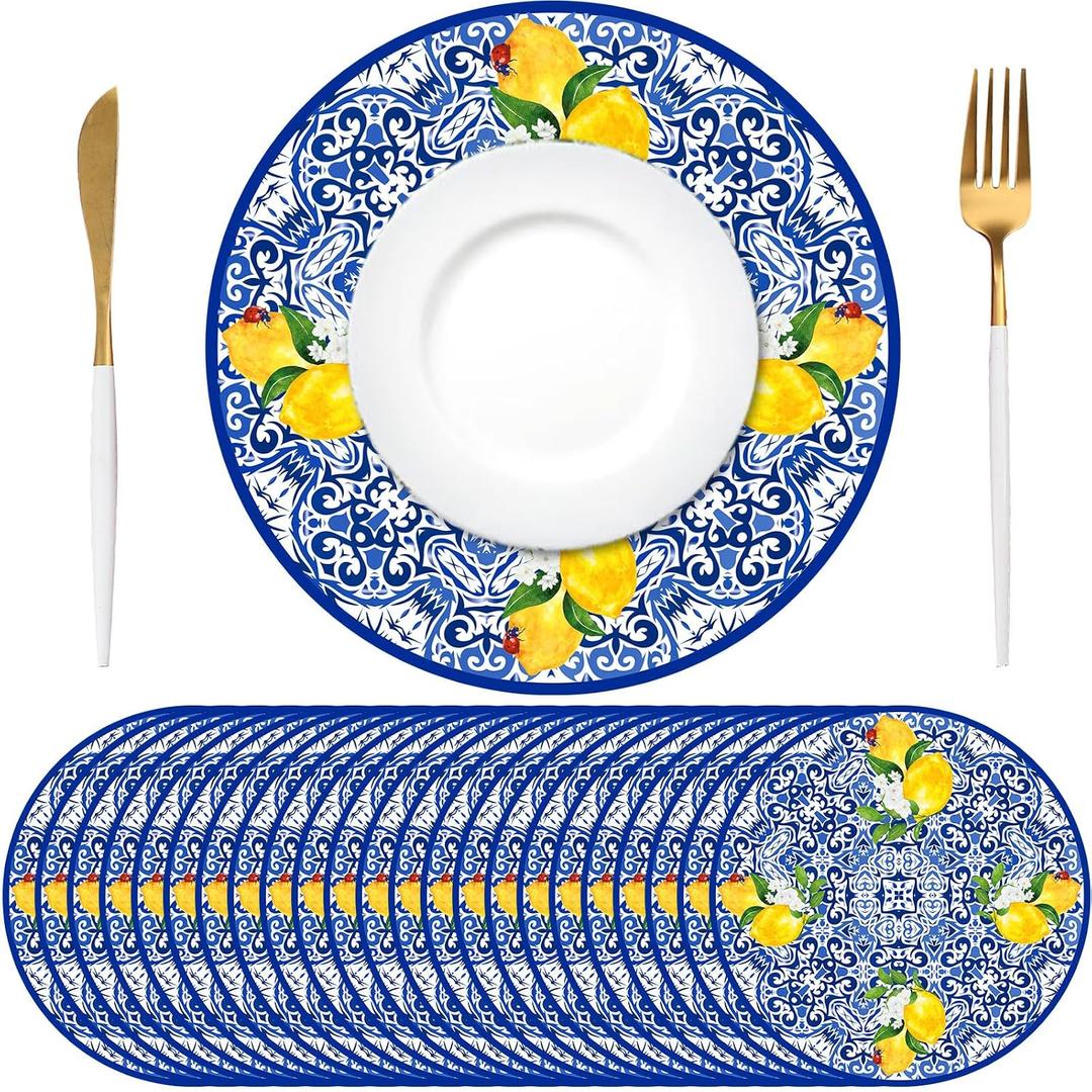 100 Pack Lemon Paper Placemats 13.8 Inch Capri Lemon Party Decorations Disposable Blue Tiles Lemonade Table Mats for Amalfi Coast Party Supplies Italian Wedding Kitchen Dinner Table Decor