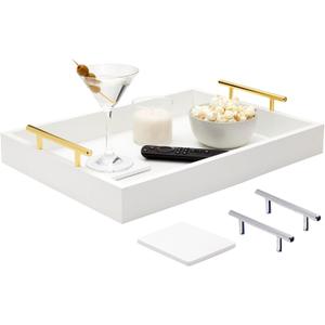 White Serving Tray with Handles and Coasters - Decorative Coffee Table Tray with Interchangeable Gold and Silver Handles, 16.57 x 12.2 x 3.1 inches