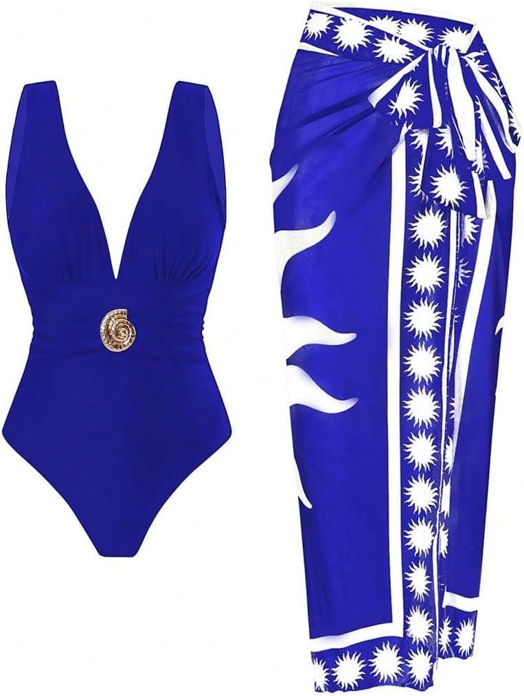 SherryDC One Piece Swimsuit with Cover up Wrap Skirt Sarong Floral Print Plunge V Neck Bathing Suit for Women (X-Large, 151-blue)