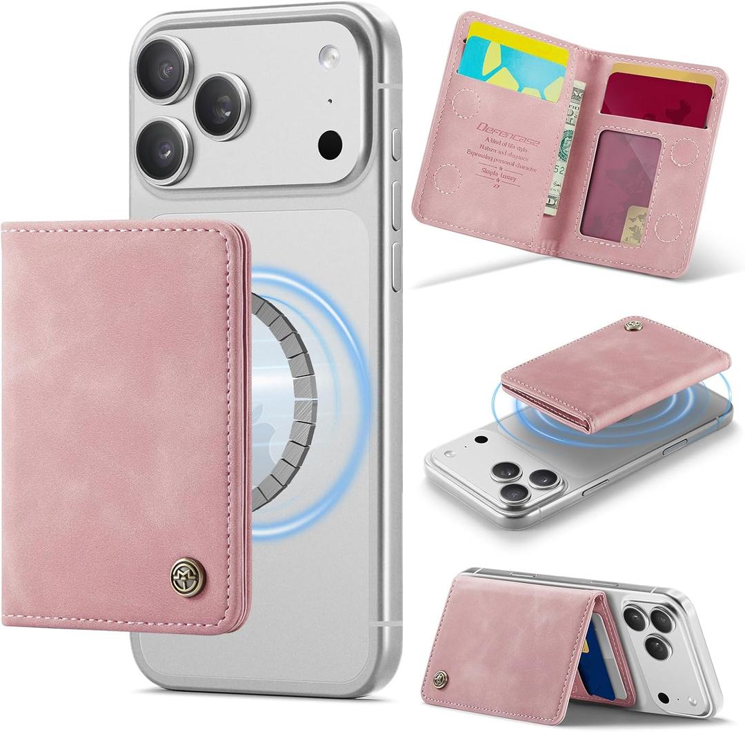 Defencase for Magsafe Wallet Magnetic Card Holder RFID Blocking, PU Leather Minimalist Phone Wallet for MagSafe Phones and Cases for iPhone 17/16/ 15/14/ 13/12/ Pro/Max/Plus/Air, Rose Pink