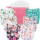 Wegreeco Cloth Diapers 6 Pack with 6 Inserts & 1 Wet Bag, Washable Cloth Diapers for Babies, One Size Adjustable Reusable (Flower)