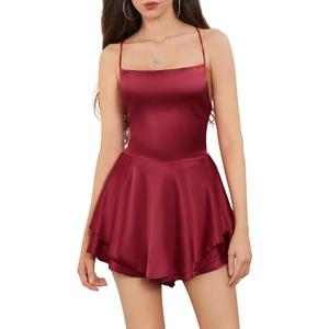 Women Sexy Backless Short Romper Satin Dress Cowl Neck Tie Ruffle Layer Spaghetti Strap Jumpsuit Mini Dress (Small, Wine Red)