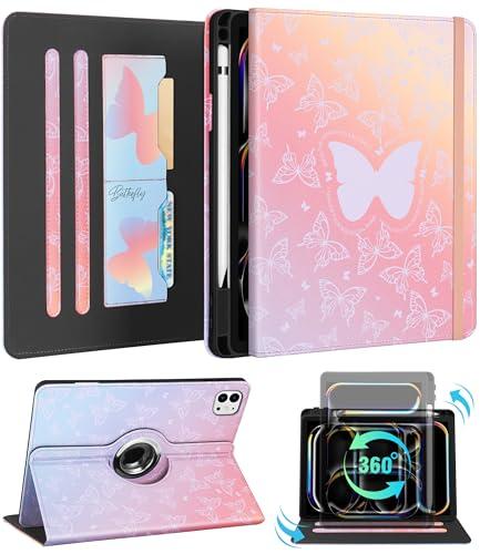 Kidcube for iPad Pro 11 Inch Case M4 2024 5th Generation - Women Girls Kid Cute Rotating Stand Folio Cover with Pencil Holder & Card Slot Kawaii Butterfly Design for iPad Pro 11'' Case 2024 M4 5th Gen