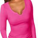 PALINDA Women Fitted Long Sleeve Shirts Ribbed Notch V Neck T Shirts Layering Tee Tops (Pink, S)