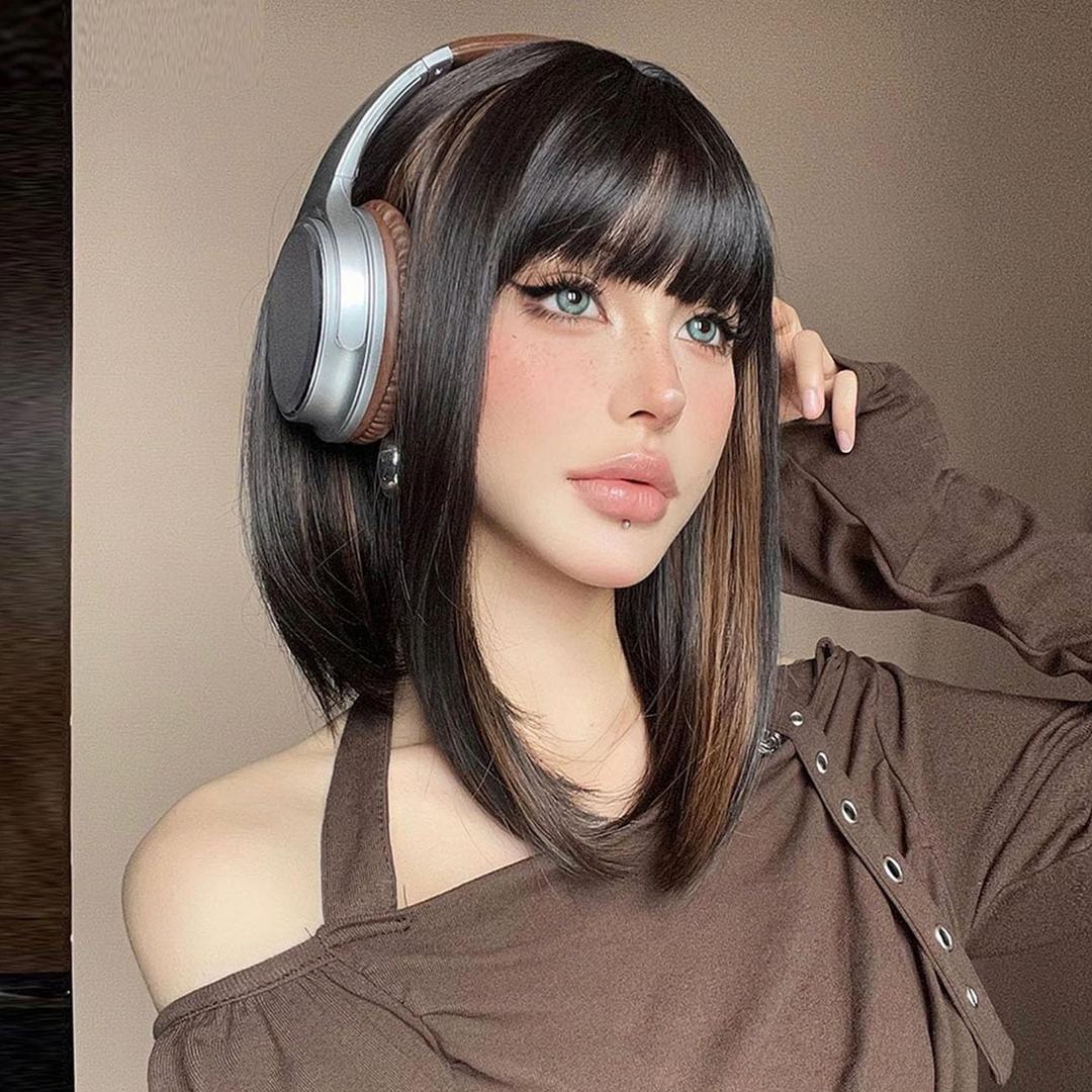 Black Mix Brown Bob Wig with Bangs for Women Synthetic Wig for Party Daily Cosplay Costume Wig Use 12 Inch