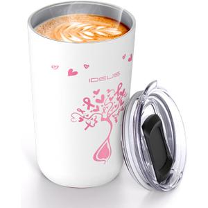 Ideus 20 oz Tumbler, Travel Coffee Mug with Splash Proof Sliding Lid, Double Wall Stainless Steel Vacuum Insulated Coffee Mug for Home and Office, Keep Beverages Hot or Cold, Pink Ribbon