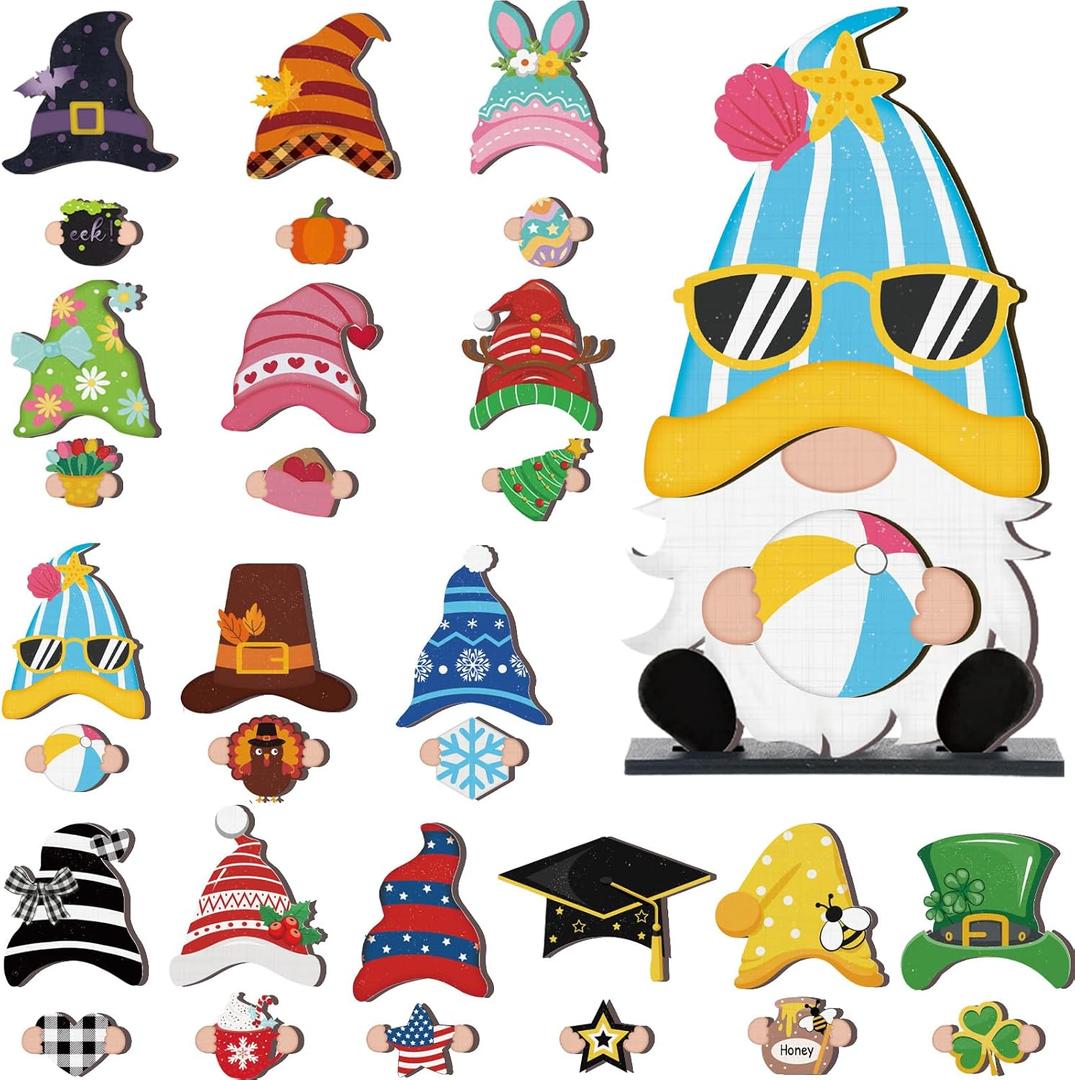 Blulu Interchangeable Wooden Gnome Decor DIY Holiday Seasonal Summer Gnomes Tiered Tray Decoration with Magnet Pieces Welcome Sign for Decorations(Cute)