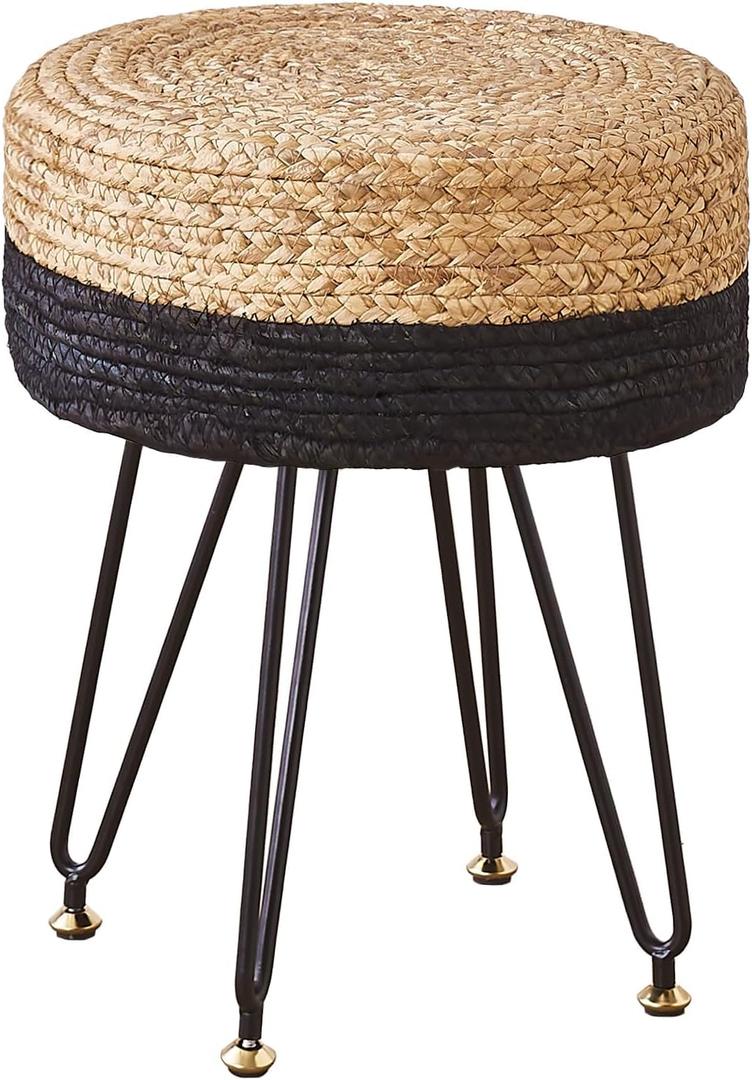 Wimarsbon Ottoman Pouf Handmade Natural Water Hyacinth,Round Footrest with 4 Metal Legs,Vanity Stool for Bedroom,Hallway,Living Room (Natural Water Hyacinth+Black Corn Husk)