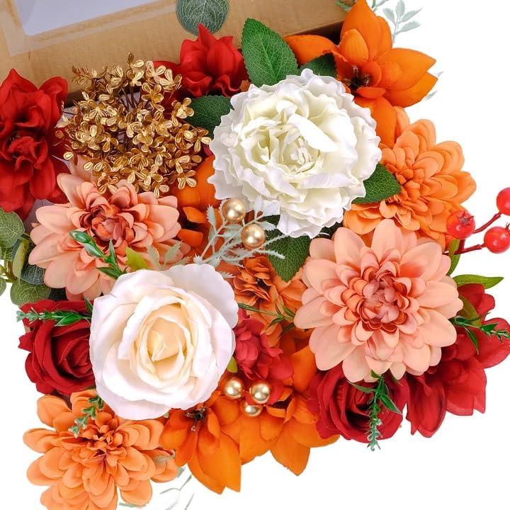 Artificial Flowers Combo Fall Flowers Mix Silk Flowers Dahlia Roses with Stems for DIY Bridal Wedding Bouquets, Baby Shower Decorations Fake Floral Arrangements Table Centerpieces Decor (Red)