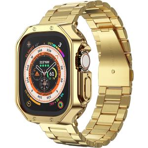 Compatible with Apple Watch Ultra 3/2/1 Band and Case, Stainless Steel Metal Chain with TPU Cover, Smart-Watch Link Bracelet Strap for men, Wrist-Band for i-Watch Ultra, 49mm, Gold