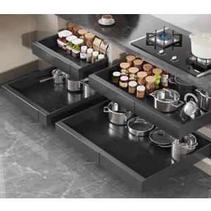 4 Pack Pull Out Cabinet Organizer 21" Deep,Full Extension 3 Slide Rails Slide Out Drawers With Raising Pad for Framed Cabinets,Expandable Width (15.4"-26.2"),No Drill Roll Out Shelves,Black