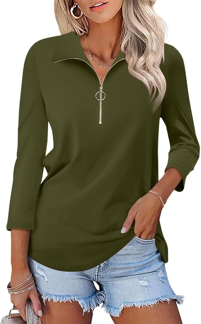 TICTICMISS Women's 3/4 Length Sleeve Tops Collared V Neck T Shirts Polo Zipper Summer Shirts (Green, S)