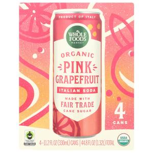 Whole Foods Market Organic Pink Grapefruit Italian Soda, 11.2 Fl Oz, 4 Pack