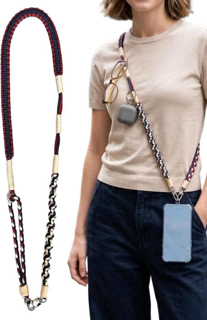 Handwoven Nylon 3-in-1 Detachable Lanyard, Crossbody/Neck/Wrist, Quick Access, Secure Clips, Multi Loops (Navyred)