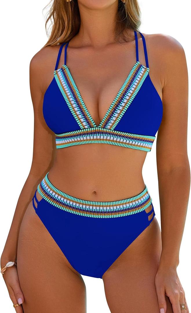 Blooming Jelly Womens High Waisted Bikini Sets Color Block Two Piece Swimsuit V Neck Crisscross Back Bathing Suit (X-Large, Royal Blue)