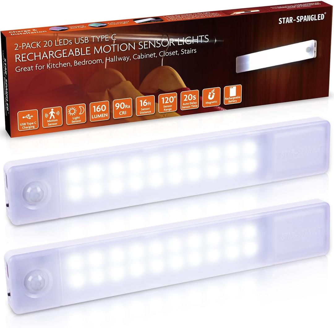 STAR-SPANGLED Under Cabinet Lighting Rechargeable, 8 inch Motion Sensor Lights Indoor Battery Operated, USB Stick on LED Magnetic Closet Light Wireless for Counter, Stairs, Kitchen, Cool White, 2 Pack (8 inch, White)