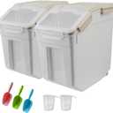 YXQ 25LB Large Flour Storage Container Bin, 2 Pack Airtight Plastic with Wheels Seal Locking Lid Dispenser Organizer Storage Bin with Measuring Cup & Scoop for Flour, Rice, Grain 50LBS Total (gray)
