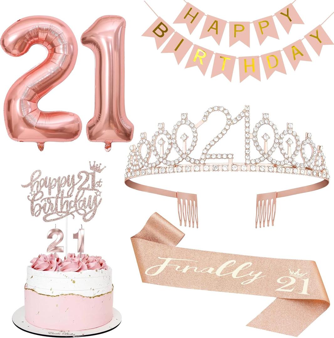21st Birthday Decorations for Her, Including 21st Tiara and Sash, Happy Birthday Banner, Cake Toppers, Number Candles and Balloons Set, Rose Gold