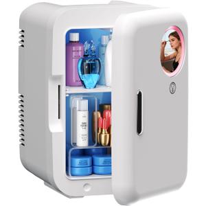 Mini Skincare Fridge with LED Light Mirror, 4 Liter/6 Can Compact Makeup Refrigerator for Bedroom - Portable Mini Fridge for Makeup, Skincare & Food, AC/DC Power for Home & Car