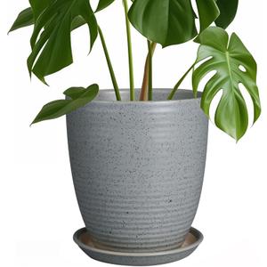 8 Inch Plant Pot Ceramic Planter Pot with Drainage Hole and Saucer Modern Round Flower Pot for Indoor Plants Light Gray (Matte Gray Pitting)