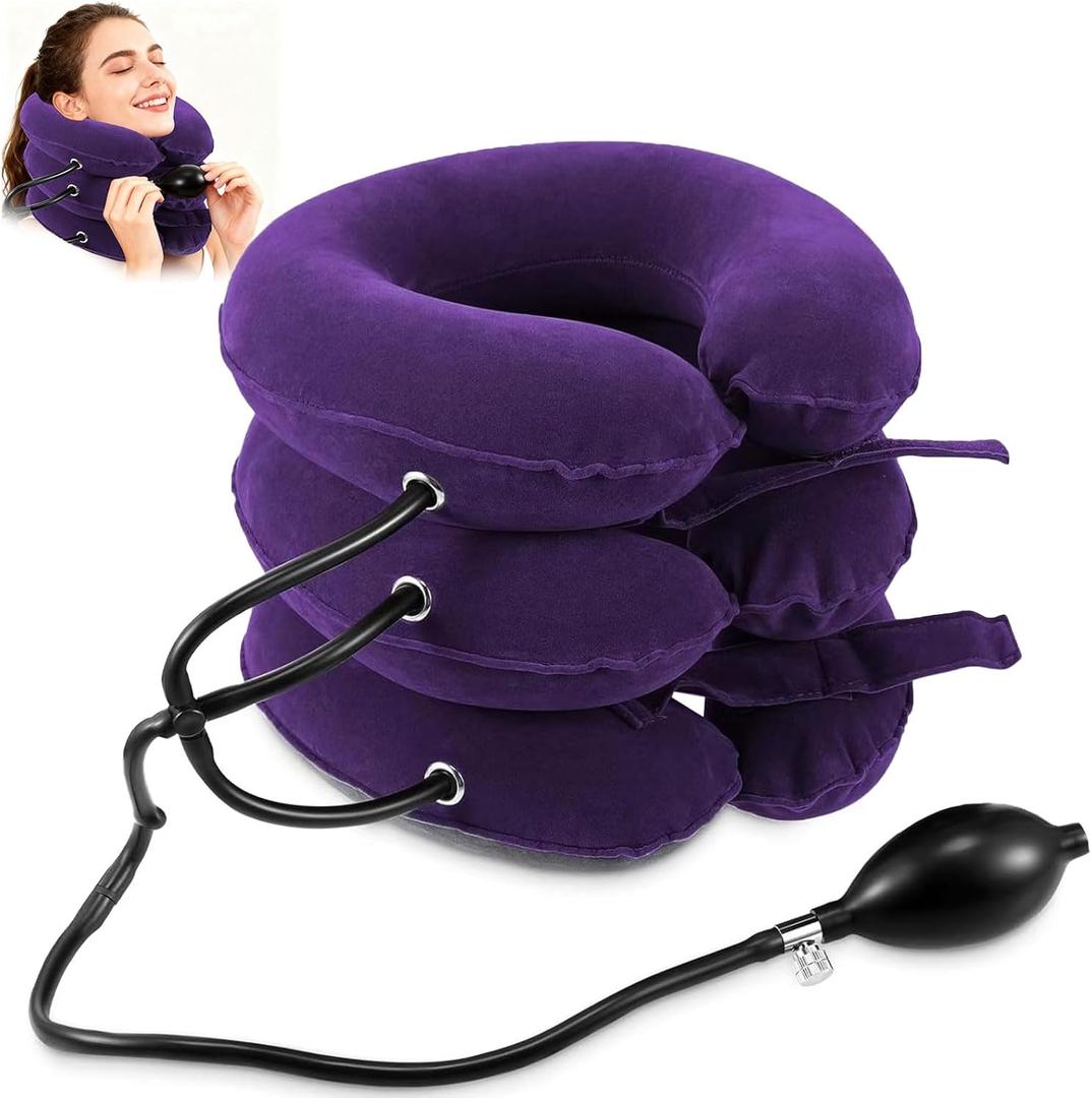 Neck Stretcher Cervical Neck Traction Device Neck Pain Relief Adjustable Purple Inflatable Neck Brace and Cervical Traction, Decompression Home Use