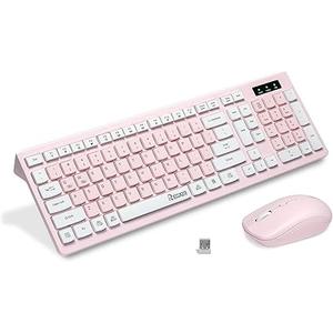Wireless Keyboard and Mouse Combo, Reccazr 2.4G Full-Sized Keyboard and Mouse Cordless, 3 DPI Adjustable Mouse, Dual-System Keyboard for Computer/Laptop/Windows/Mac (Pink & White)