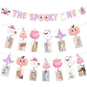 Balterever Halloween First Birthday Party Decorations for Girls Pink Halloween First Birthday Monthly Photo Banner with Clips the Spooky One Bday Banner for Little Boo Party Supplies 
