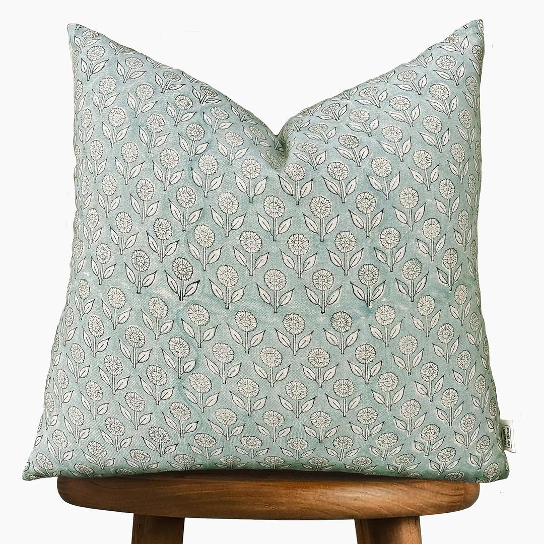 Hand-Block Printed, Artisan-Made Neutral Accent Throw Pillow Covers- 100% Cotton Cushion for Sofa, Bed, Chair, Home Decor, Boho, Indoor - Adeline (Misty Green, 20" x 20")