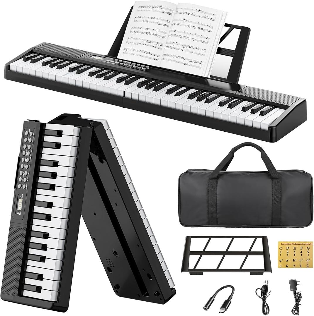 Buinblu Electronic Piano Keyboard,Foldable 61 Key Digital Pianos with Power Adapter,Sheet Music Stand,Sticker,Bag,Gift for Beginners,Black