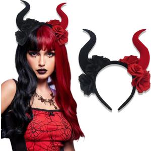 Devil Horns Headband Flower Rose Red Black Hair Hoop Gothic Devil Halloween Party Women Dress Up Masquerade Decorations Accessories