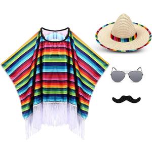 Yahenda Western Costume Set 5 Pcs Fiesta Outfit Serape Poncho Sombrero Hat Sunglasses Mustache Cinco De Mayo Dress Small Size (35 x 23'')