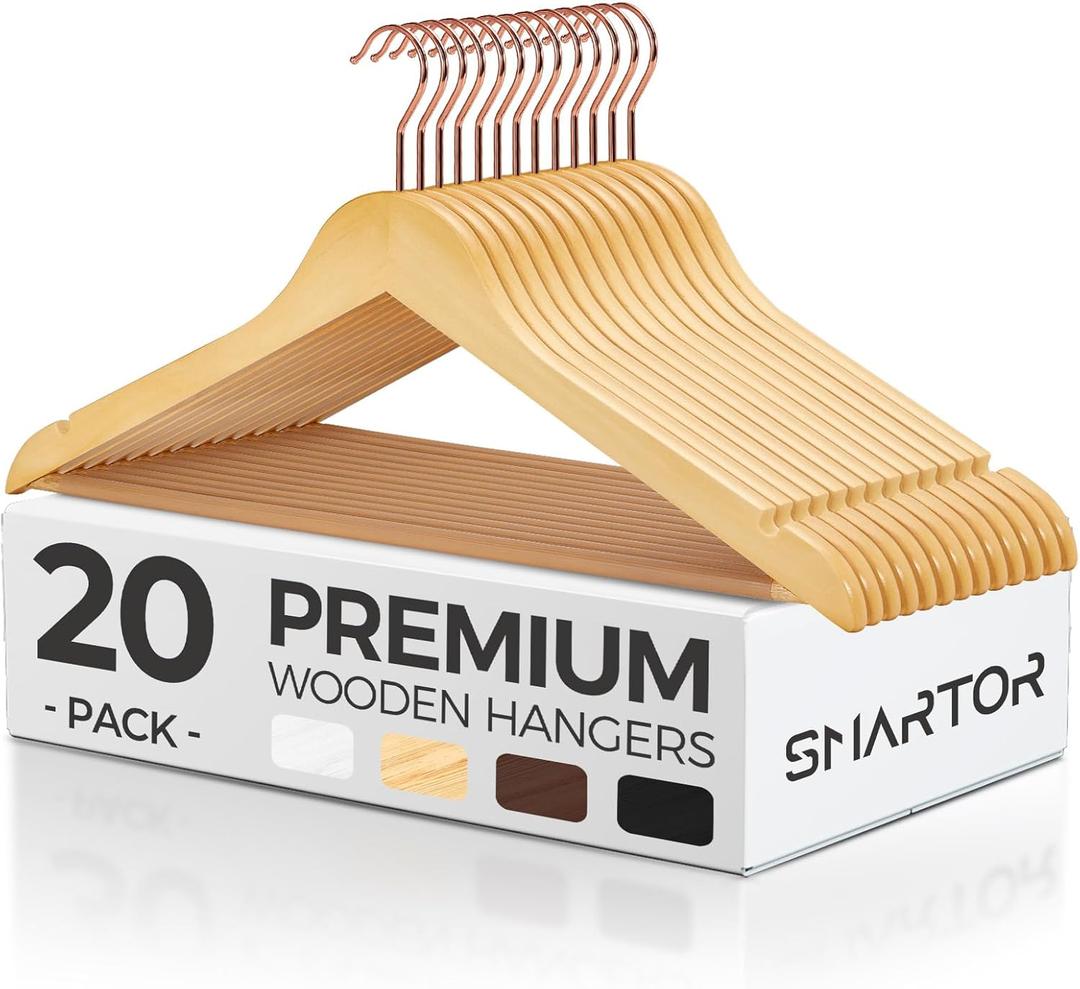 Smartor Wooden Hangers 20 Pack, Solid Wood Coat Hanger for Closet, Heavy Duty Wood Hangers for Suits, Shirts, Dresses, with 360 Rose Gold Hook, Non Slip Pant Bar, Natural