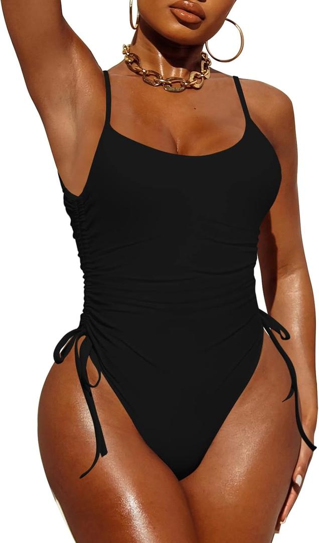 Pink Queen Womens One Piece Swimsuit Ruched High Cut Tummy Control Bathing Suit (Medium, Black)
