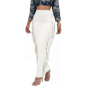 LYANER Women's Skirt Fringe Side Tassel Elastic Waist Slim Bodycon Long Maxi Pencil Skirts for Club (White)