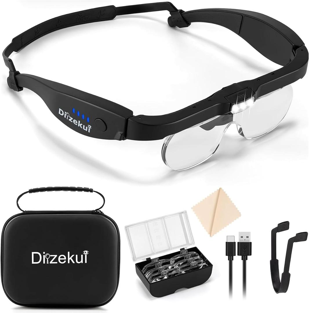 Magnifying Glass with Light, Rechargeable Magnifying Glasses 1.5X-5X Lenses, Magnify Glasses for Close Work with Carry Case, Magnifier Headset Headband Magnifier for Craft Hobby Cross Stitch (Black)