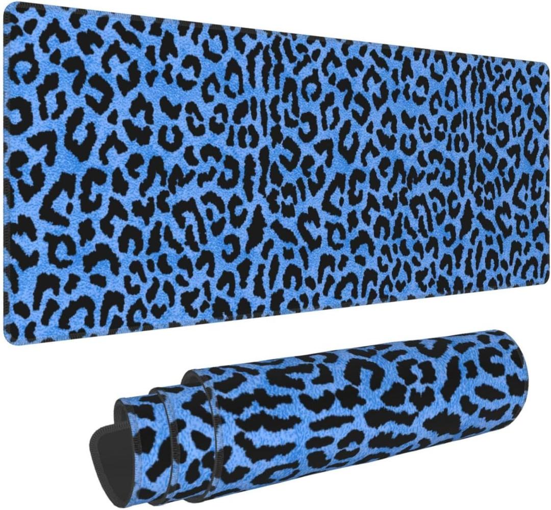 Blue Leopard Skin Print XL Large Mouse Pad with Stitched Edges Long Non-Slip Rubber Base Mousepad Laptop Keyboard Mat Desk Pad for Office Home Desk Decor, 31.5" X 11.8"