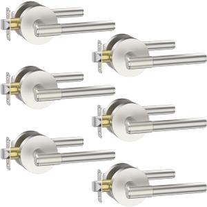 Asidrama 6 Pack Passage Brushed Nickel Door Handles, Door Lever with Door Knobs Indoor for Bedroom or Bathroom, Heavy Duty Door Handles Interior with Locks for Left Right Sided Doors