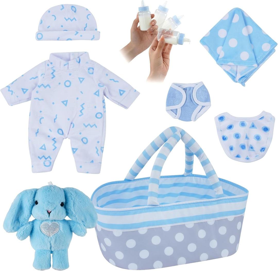 BABESIDE 8 Pcs Baby Doll Clothes Set with Bassinet for 10-12 Inch Dolls, Cute Baby Doll Clothes and Accessories Set for Realistic Babydolls Boy, Blue