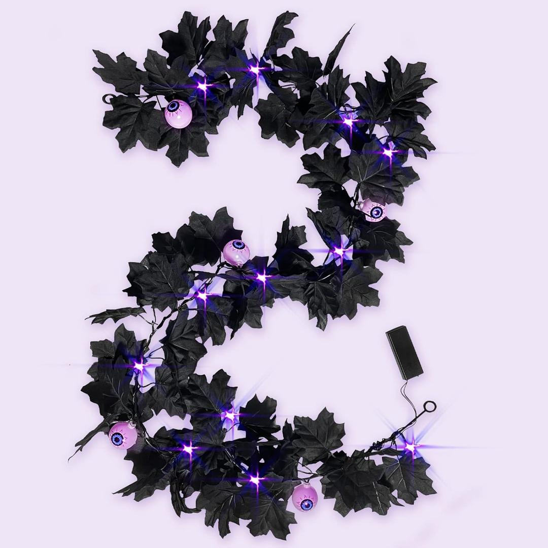 Black Maple Garland Halloween Decor Purple Lights Artificial Maple Wreaths for Wall Fireplace Outdoor Indoor Yard Haunted House Decoration