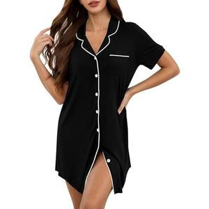 KCW Nightgown for Women Button Down Pajama Dress Short Sleeve Night Shirts Sleepwear, M