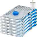 Amazon Basics Vacuum Storage Bags for Clothes, Space Saving Compression Storage Bags with Hand Pump, Heavy Duty, Stackable, Jumbo Size, Clear, 6-Pack