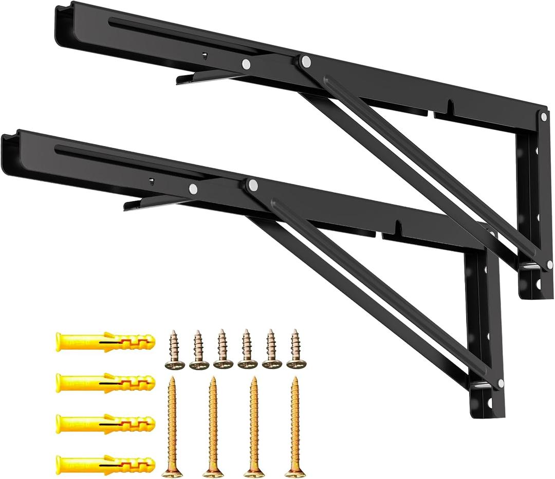 LSK Folding Shelf Brackets, 16 Inch Heavy Duty Collapsible Shelf Bracket, Wall Mounted L Table Hinges Brackets for Bench Table, Space Saving DIY Black Bracket, Max Load 220LBS, Pack of 2