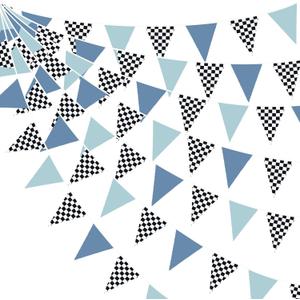 32Ft Racing Party Decorations Dusty Blue Black White Checkered Racing Car Fabric Banner Triangle Flag Pennant Garland Streamers for Boys Race Car Birthday Racetrack Baby Shower NASCAR Picnic Decor