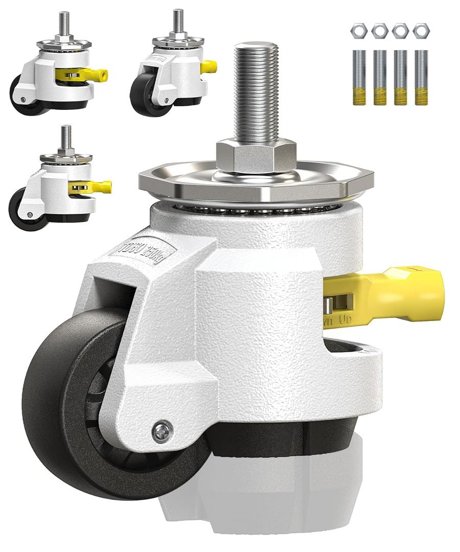 HOLKIE Leveling Stem Casters Set of 4 Heavy Duty Retractable Caster Wheels, 1/2" and M12 Stem Size, Total Capacity 2200 Lbs, Adjustable Wheel with Ratchet Handle for Workbench, Machine, Equipment (White)