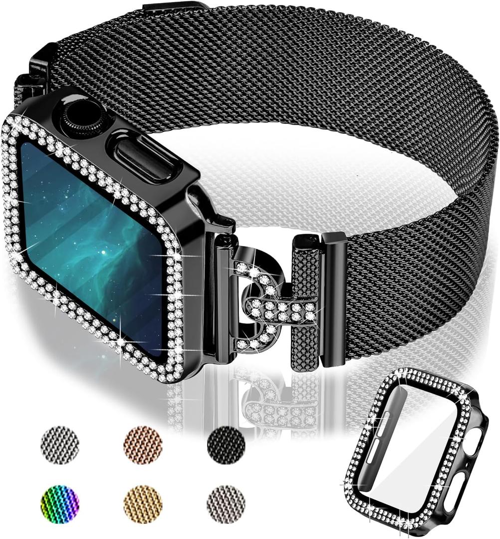 JOYOZY Magnetic Band Compatible with Apple Watch Band 38mm 40mm 41mm 42mm 44mm 45mm 46mm Milanese Strap with Bling Glitter Case Built-in Screen Protector Dressy Stainless Steel iWatch Loop for Women (46MM for Series 10/11, Black)