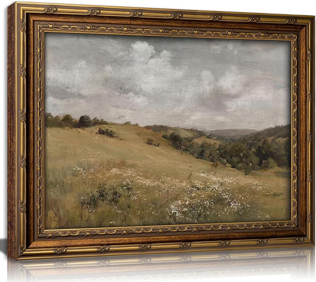 Vintage Gold Framed Landscape Wall art Retro Countryside Farmhouse Painting Picture Dark Green Nature Field Meadow Scenery Artwork Mountain Grassland Canvas for Living Room Bedroom Home Decorations