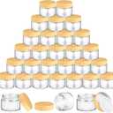 Layhit 48 Pcs 50 ml Cosmetic Glass Jars with Lids 1.69 oz Small Jars with Plastic Woodgrain Lids, White Labels and Inner Liners Empty Round Cosmetic Containers for Creams Lotions Powder