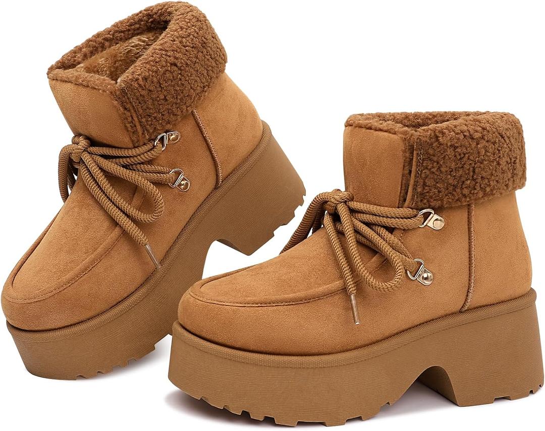 Platform Winter Boots For Women: Platform Boots Lace Up Zipper Chunky Heels Cozy Warm Snow Short Boot (Brown)