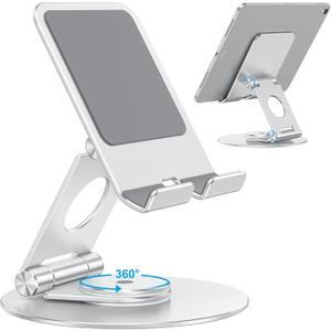 OMOTON T6 Swivel Tablet Stand for iPad with 360 Rotating Base, Foldable Adjustable Holder for Drawing, Compatible with iPad Pro/Air/Mini and More, Silver